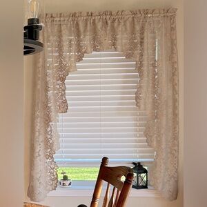 LACE EMBROIDERED SHEER SWAG CURTAIN PANELS.  LIGHT BEIGE ROD POCKET. 82” W 60” L